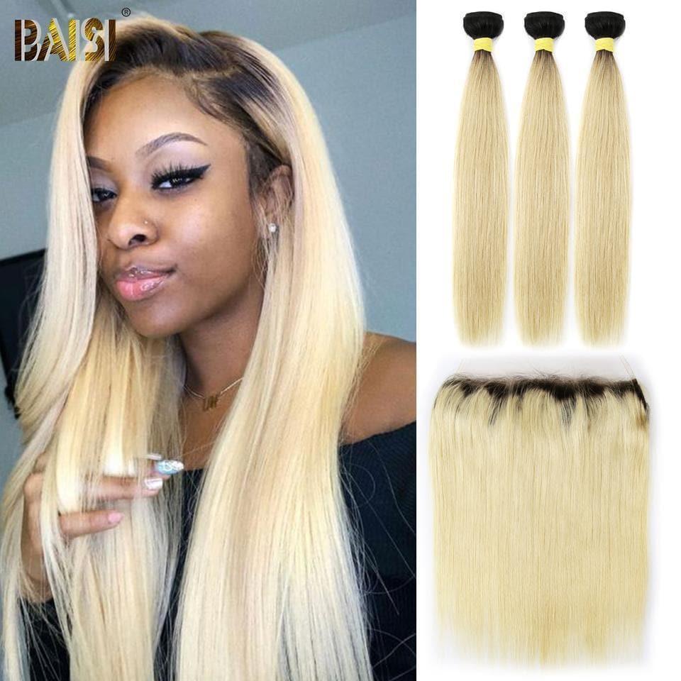 BAISI 10A 100% Cheveux Humains 1B/613# Eurasiens Lisses Blondes Mèche En Lot Avec Frontal