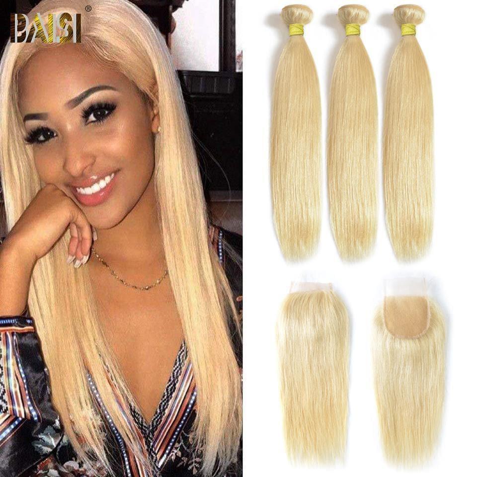 BAISI 10A Tissage En Lot Avec Closure 100% Cheveux Humains Eurasiens Chheveux Vierges Blondes #613