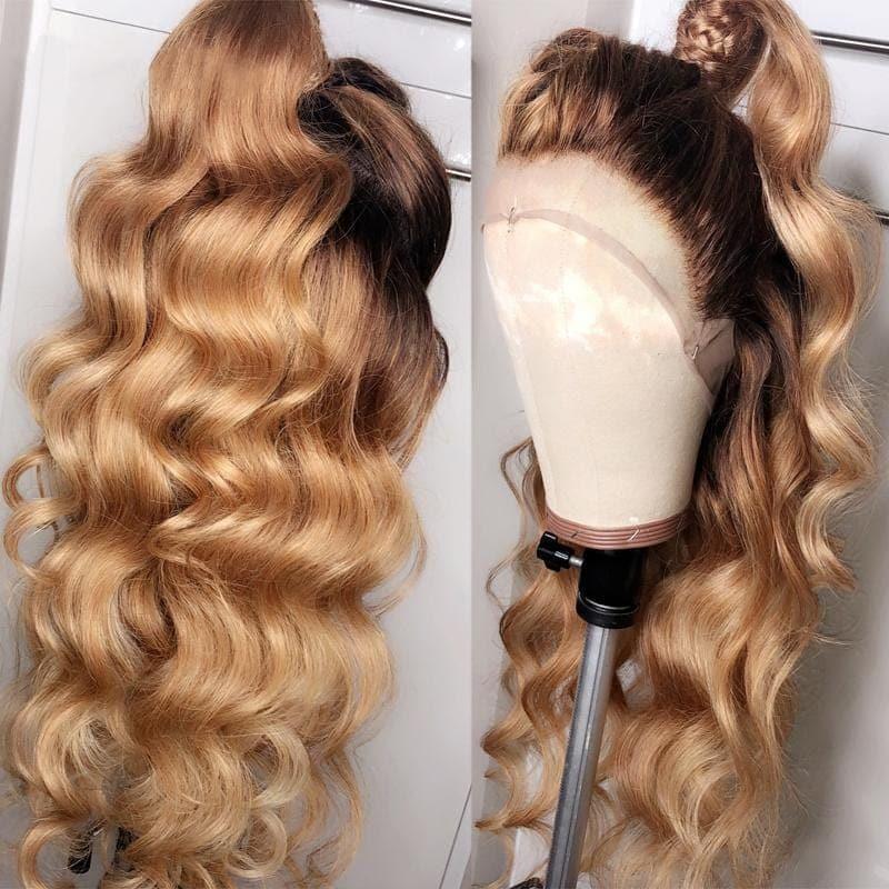 BAISI Perruque 4#T27# Multicolore Front Lace Perruque Ombrée Ondulée Loose Wave