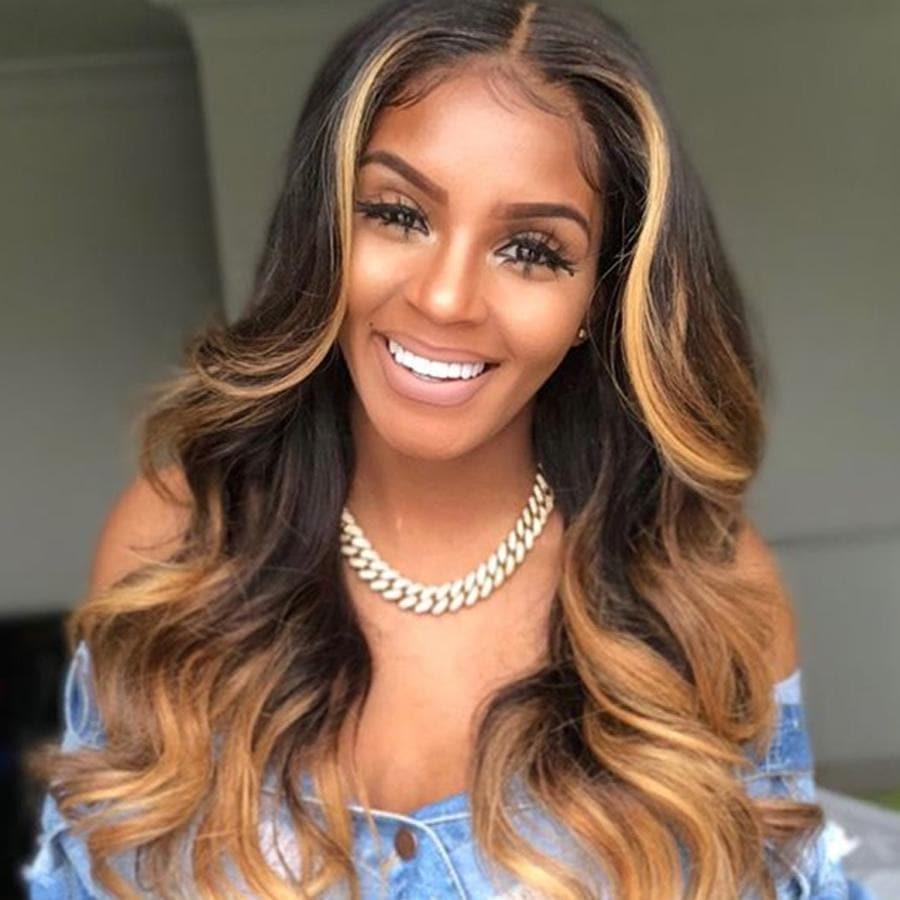 Perruque Lace Front Brésilienne Honey Blonde Ombre Brun Avec Highlight En Cheveux Humains PrePlucked Ondulée Body Wave