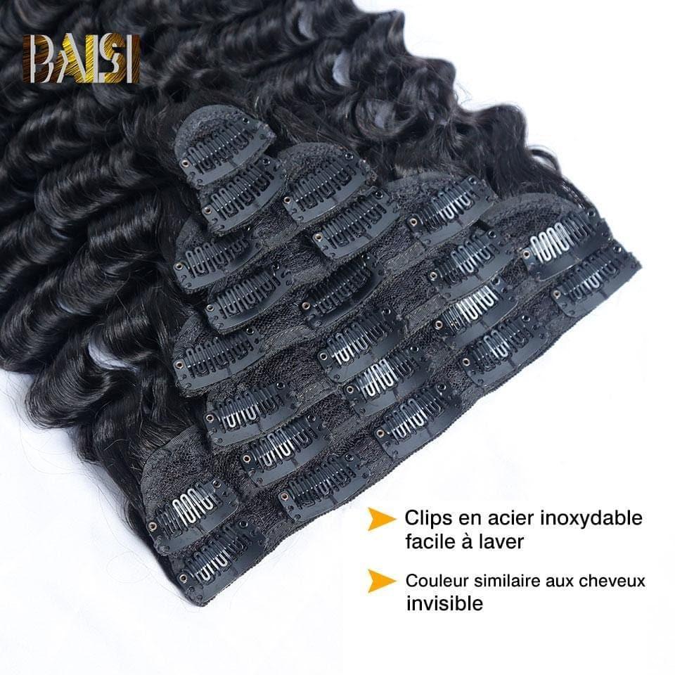 BAISI Extensions À Clips Deep Wave En 100% Cheveux Humains 8 Pièces et 120G Par Lot
