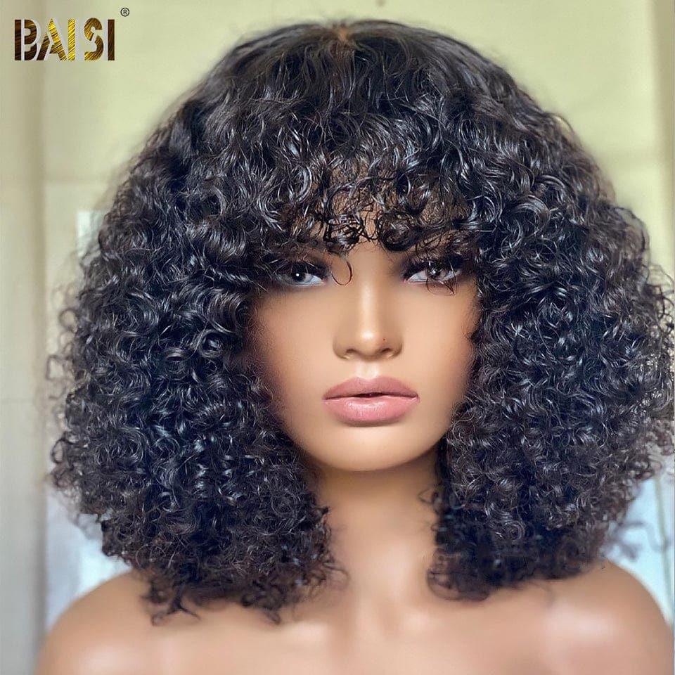 BAISI Perruques Bouclé Deep Wave Avec Frange B 100% Cheveux Humains
