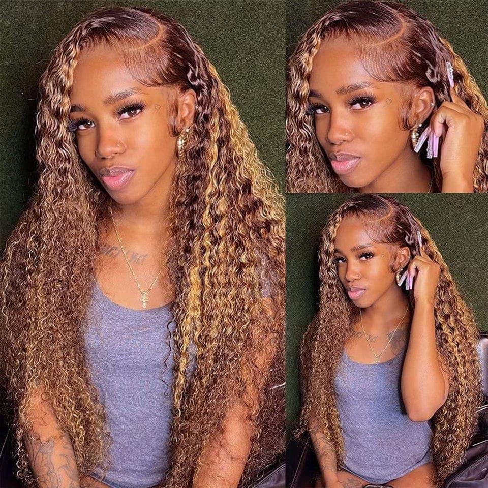 BAISI Achetez 2 perruques minimum au prix d'usine fournisseur en France TVA 0€ 48H arrivé 13x4 Lace Frontal Perruque Deep Wave Miel #4MIX#27 En 100% Cheveux Humains (Pas Besoin de Code)