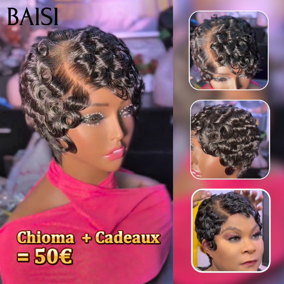BAISI Perruque pixie chioma Avec Frontale 1 Chioma  + Cadeaux = 50€ en France finger wave en 100% Cheveux Humains