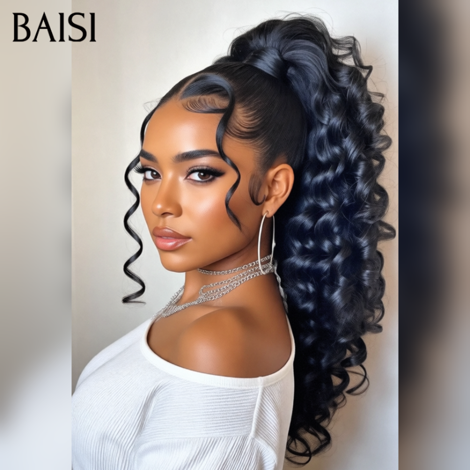 BAISI Peruca Natural Lace Frontal 13x4 Wave 22 polegadas com trança estilizada, na cor PRETO, já penteada como na foto, 100% cabelo humano