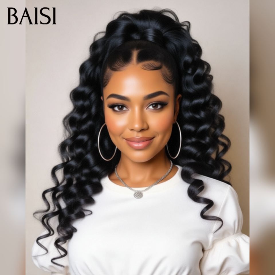 BAISI Peruca Natural Lace Frontal 13x4 Wave 22 polegadas com trança estilizada, na cor PRETO, já penteada como na foto, 100% cabelo humano