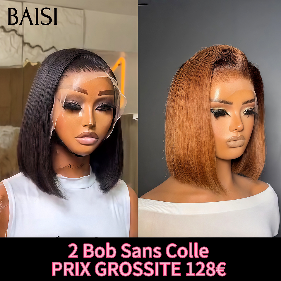 BAISI Promo 2 Perruques 128€ BOB PRIX GROSSITE sans Colle 13x4 lace frontal Lisse 10 Pouces  2 couleurs noir et Marron en 100% Cheveux Humains