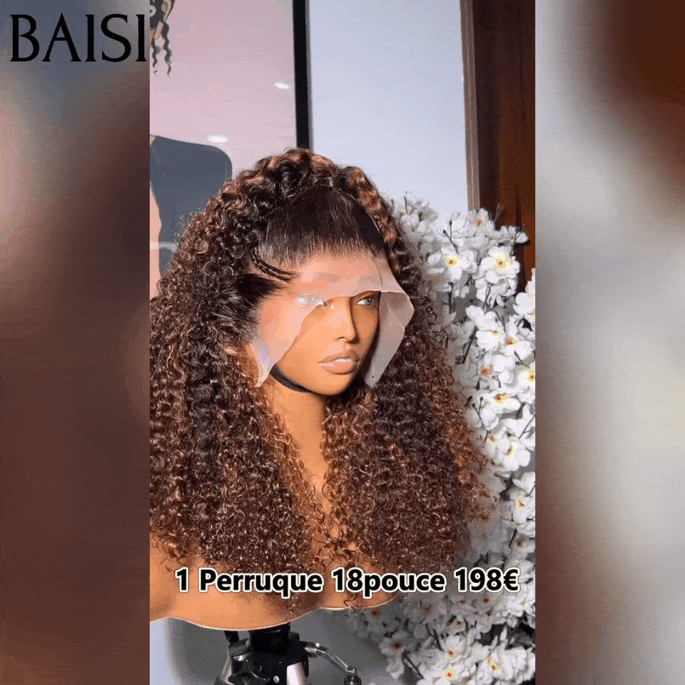 BAISI 13x4 peruca lace kinky curly, pequena trança frontal lace, 18 polegadas, cor castanho 4#mix30# 100% cabelo humano FR38