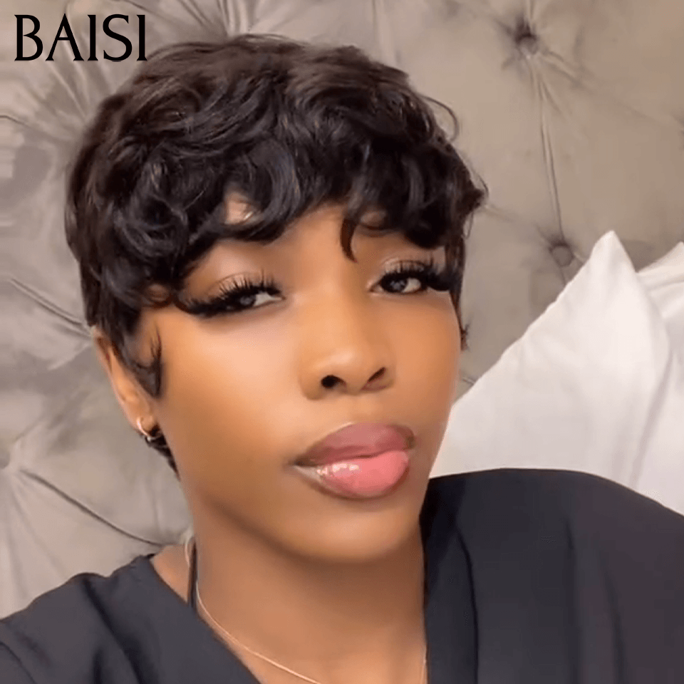 BAISI  Perruque Pixie bouclé  petite coupe Mixte brun Couleur 68€ ou Noir 6 pouces 58€ Moitié Prix En 100% Cheveux Humains MP50