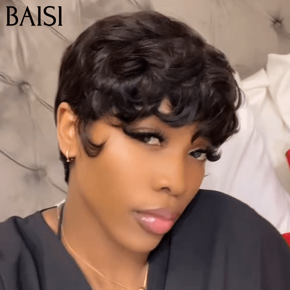 BAISI  Perruque Pixie bouclé  petite coupe Mixte brun Couleur 68€ ou Noir 6 pouces 58€ Moitié Prix En 100% Cheveux Humains MP50