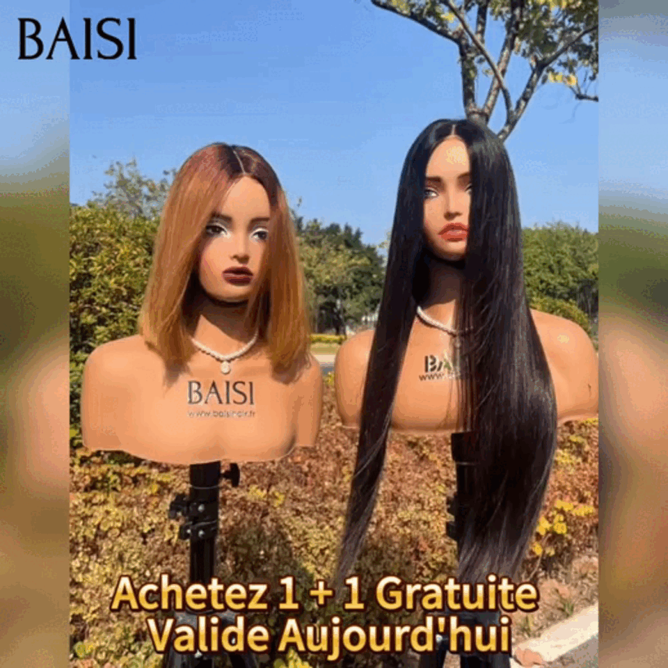 BAISI  Achetez 1 + 1 Gratuite=159€ 13x4 lace frontal Lisse NOIR 20 Pouces et Lisse BOB 8 Pouces Miel en 100% Cheveux Humains