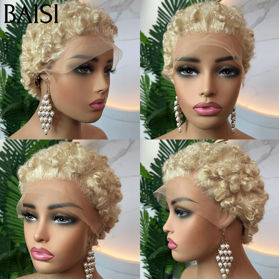 BAISI 13X4 lace frontal pixie curly 55€ NOIR ou 109€ Perruque  en Couleur blonde 613# en 100% Cheveux Humains FR38
