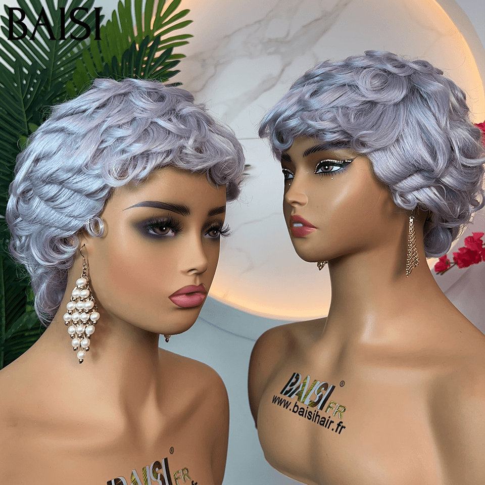 BAISI  Perruque Pixie Finger Wave petite coupe fabriqué à la machine  6 pouces 99€ En 100% Cheveux Humains BS65