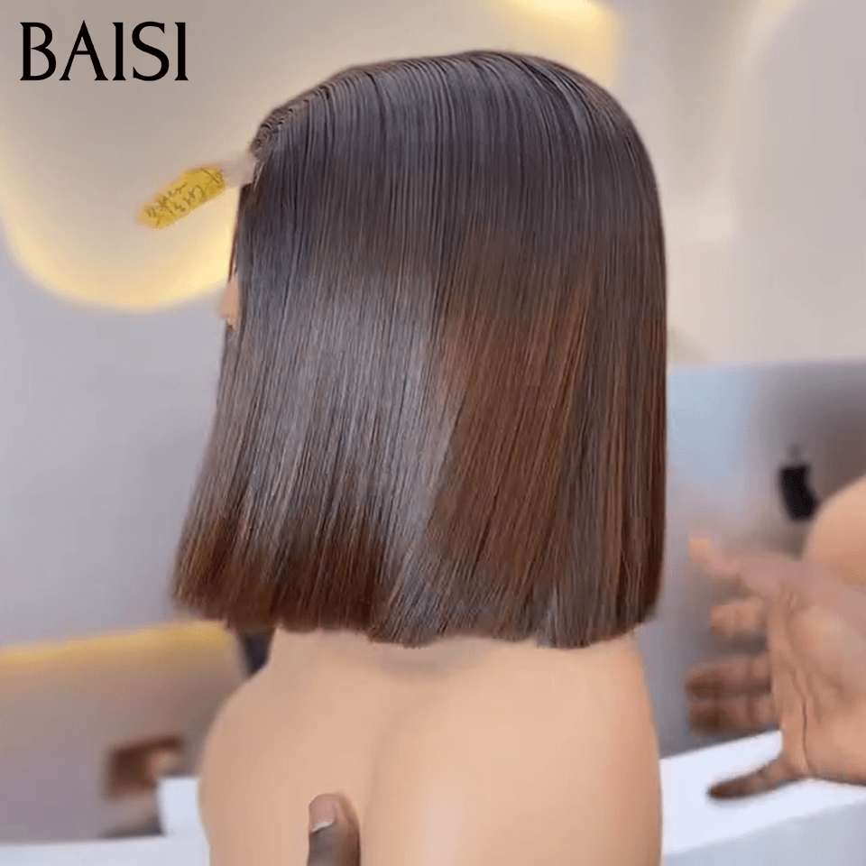 BAISI Achetez 2 perruques minimum au prix d'usine fournisseur  13X4  Lace Perruque pixie curly en 100% Vrais Cheveux Humains ou 2x6 Lisse bob 8 Pouces En Couleur Marron(Pas Besoins De Code)