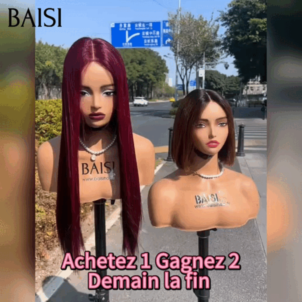 BAISI  Achetez 1 + 1 Gratuite=169€ 13x4 lace frontal Lisse NOIR 20 Pouces et Lisse BOB 8 Pouces Marron 1BT4# en 100% Cheveux Humains
