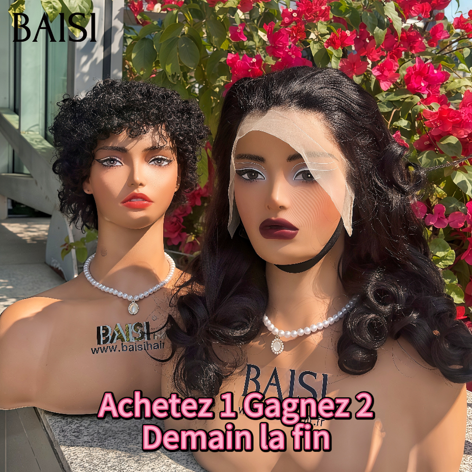 BAISI  Achetez 1 + 1 Gratuite=149€ 13x4 lace frontal egg wave NOIR 14 Pouces et curly wave pixie en 100% Cheveux Humains