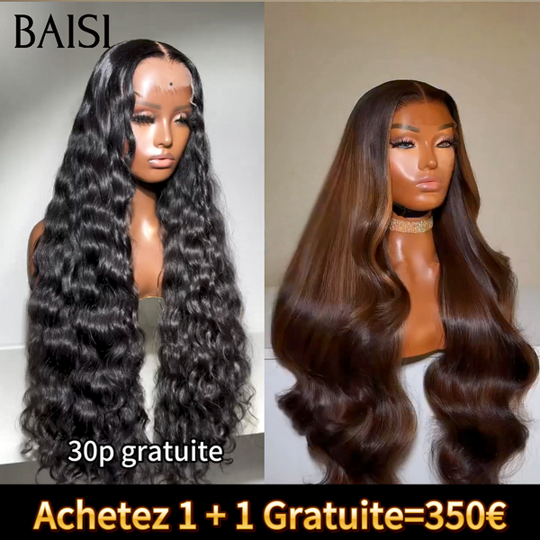 BAISI  Achetez 1 + 1 Gratuite=350€ 13x4 lace frontal deep wave 30 Pouces NOIR et Body wave Marron 1BT4# en 100% Cheveux Humains