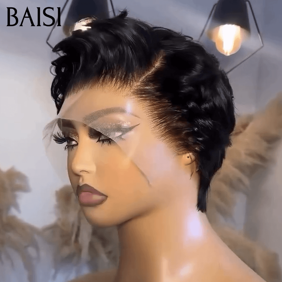 BAISI  13x4 Lace Frontale Perruque Pixie Finger Wave petite coupe 6 pouces 78€ NOIR En 100% Cheveux Humains