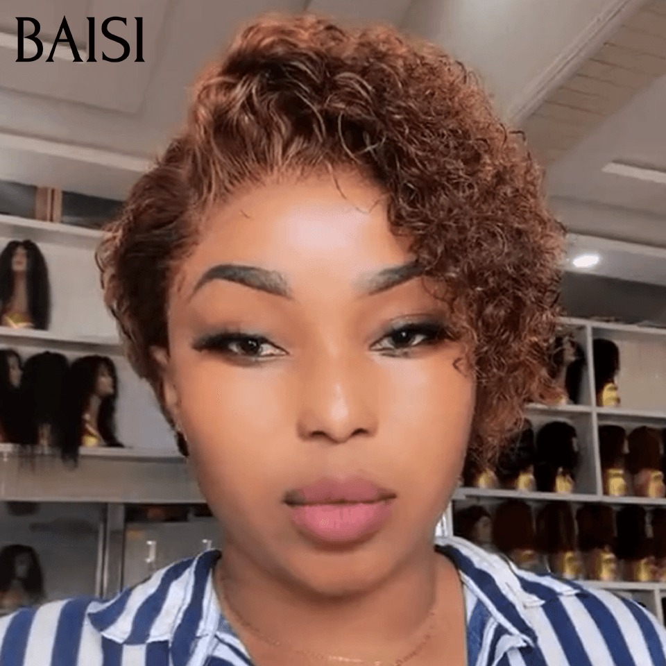 BAISI Peruca Pixie cacheada ondulada 98€ na cor Castanho 4# em 100% Cabelo Humano BS65