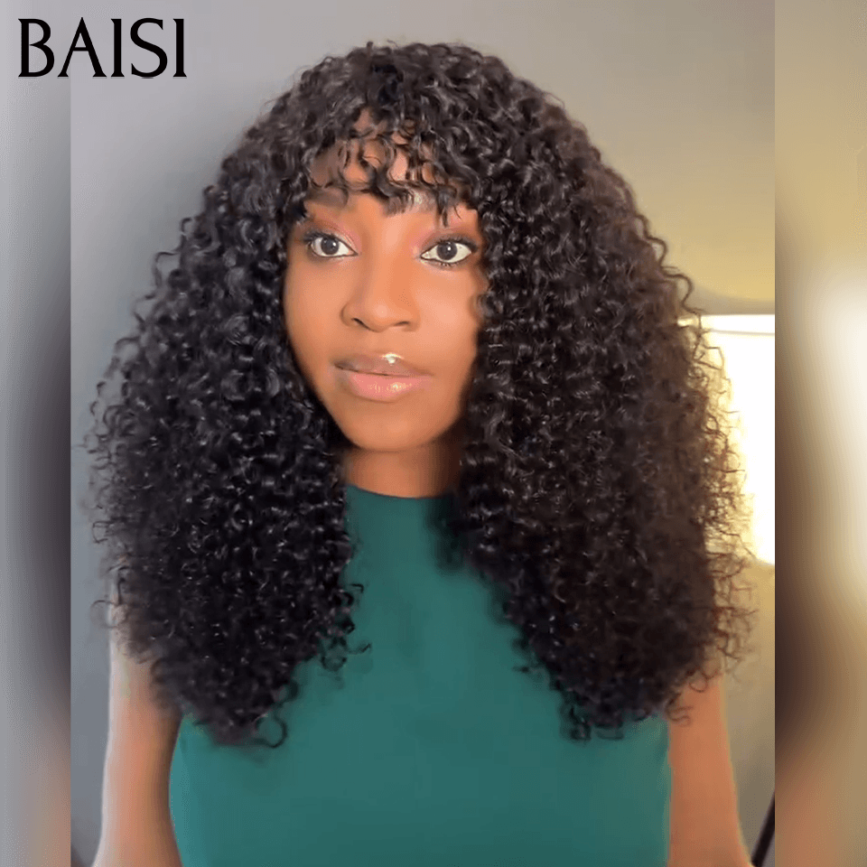BAISI  Perruque Bouclée curly Wave avec Frange 12 Pouces  Sans Colle Sans lace en Couleur NOIR  en 100% Cheveux Humains BS65