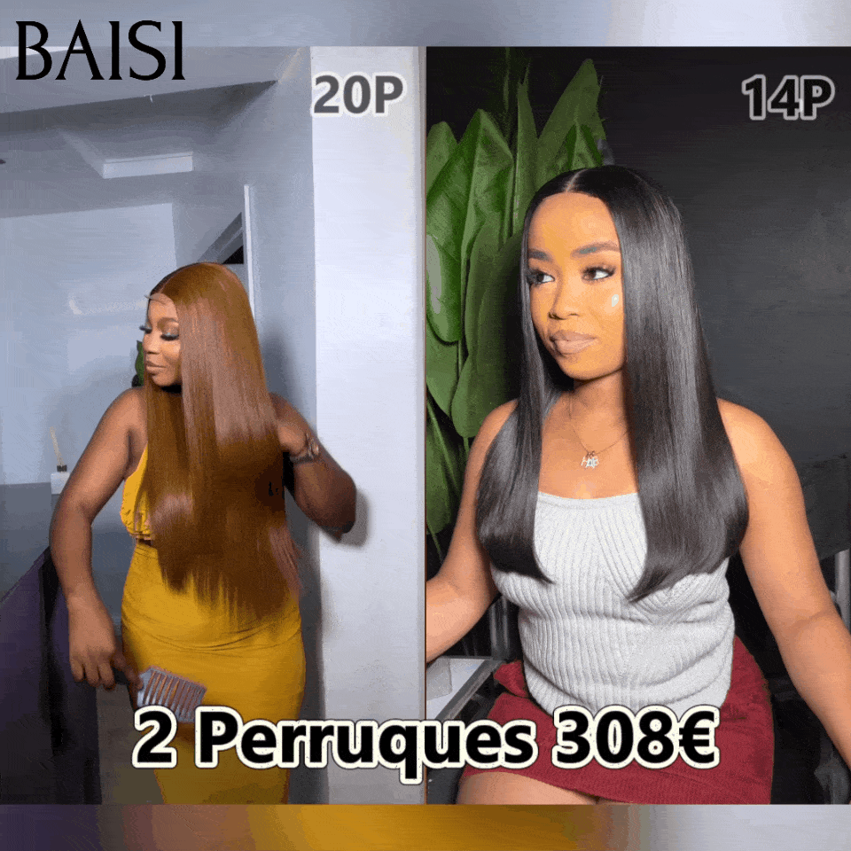 BAISI  2 Perruques Lisse pour revendre 308€ 2X6 lace 20 pouces en Couleur miel 27# et 14 pouces noir de luxe  en 100% vrais cheveux humains FR38
