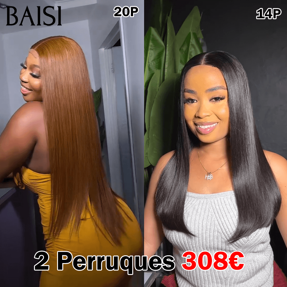 BAISI  2 Perruques Lisse pour revendre 308€ 2X6 lace 20 pouces en Couleur miel 27# et 14 pouces noir de luxe  en 100% vrais cheveux humains FR38