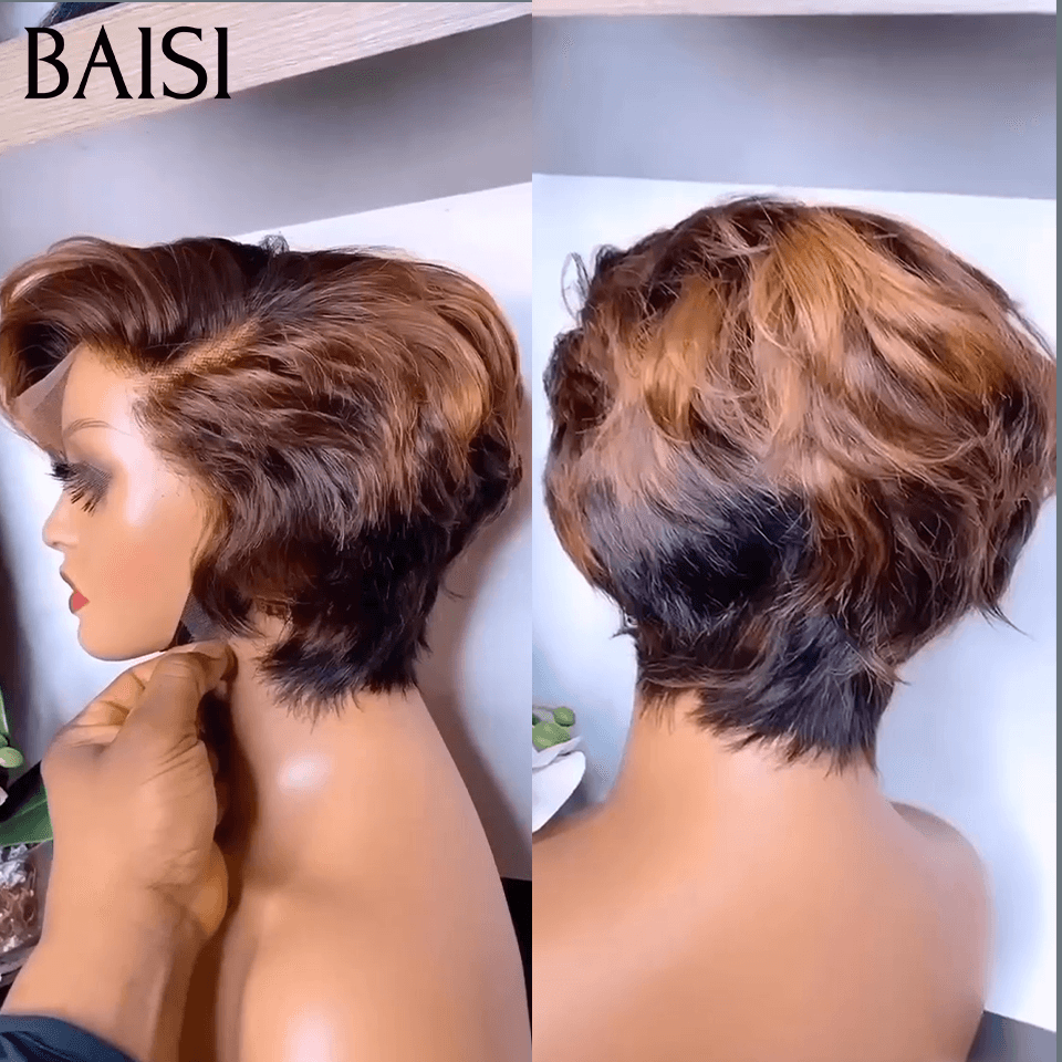BAISI  13X4 lace Perruque Pixie vague Coiffure 6 Pouces Couleurs personnalisées 88€ en 100% Cheveux Humains FR38