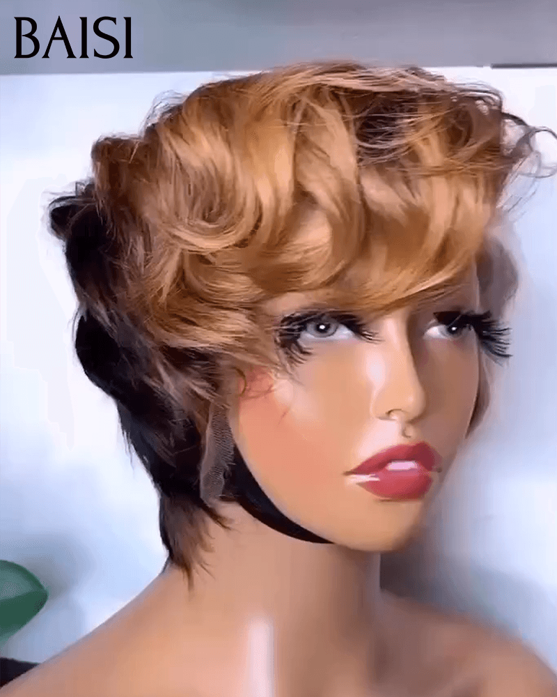 BAISI  13X4 lace Perruque Pixie vague Coiffure 6 Pouces Couleurs personnalisées 88€ en 100% Cheveux Humains FR38