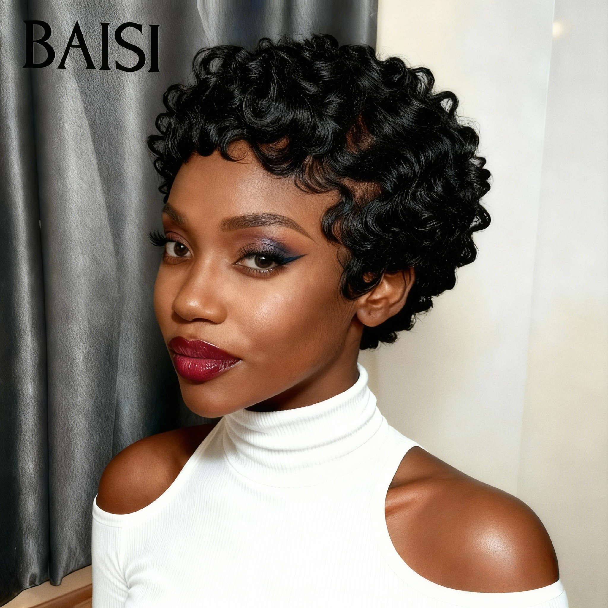 BAISI Perruque chioma Pixie Finger Wave petite coupe fabriqué à la machine  100% comme indiqué sur la photo couleur naturelle En 100% Cheveux Humains