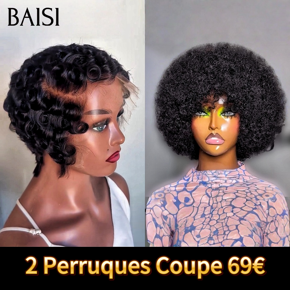 BAISI PRIX GROSSITE Promo 2 Perruques 69€ pixie afro curly sans Colle et lace frontal pixie finger wave en France en 100% Cheveux Humains