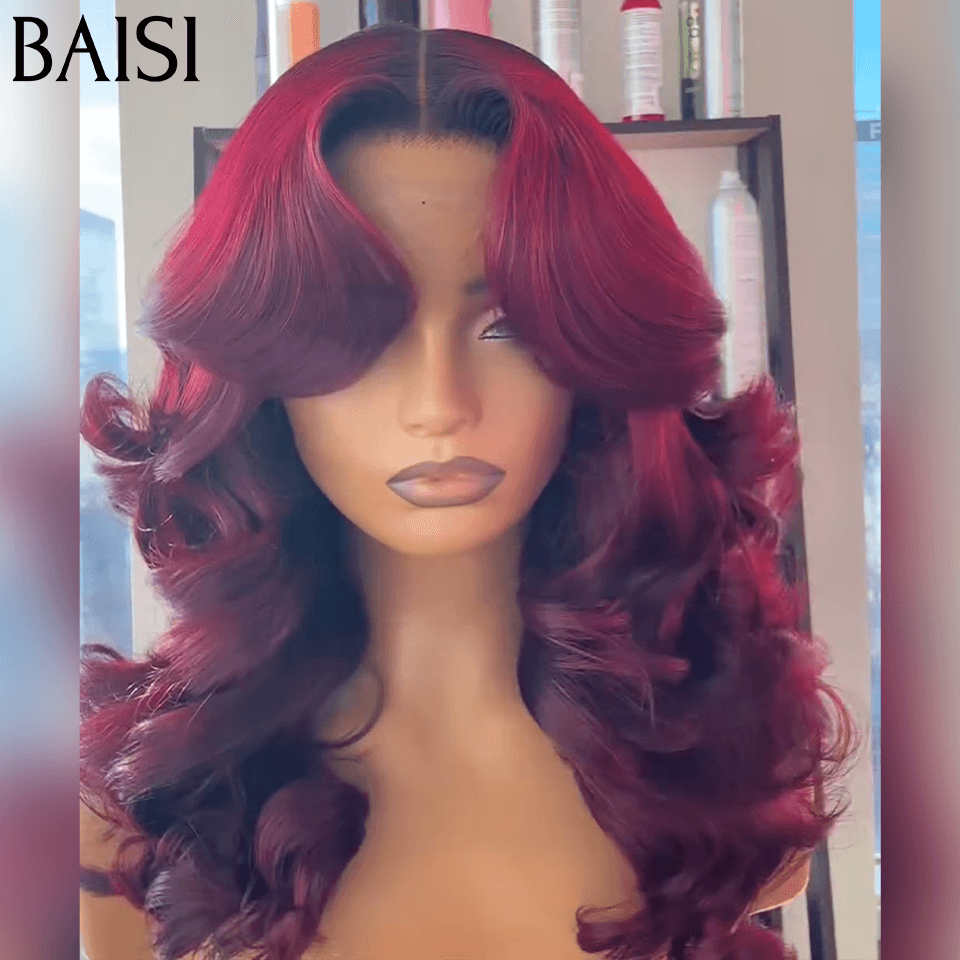 BAISI 13X4 Lace Frontal Perruque Bouclée  Wave 16 pouces 136euro en couleur 99J#  En 100% Cheveux Humains
