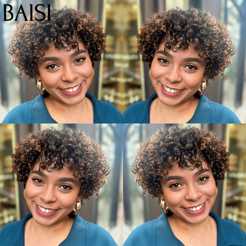 BAISI Compre 2 perucas no mínimo ao preço de fábrica, peruca fabricada à máquina pixie lisa ou peruca curly wave mista, 100% cabelo humano, fabricada à máquina (não precisa de código)