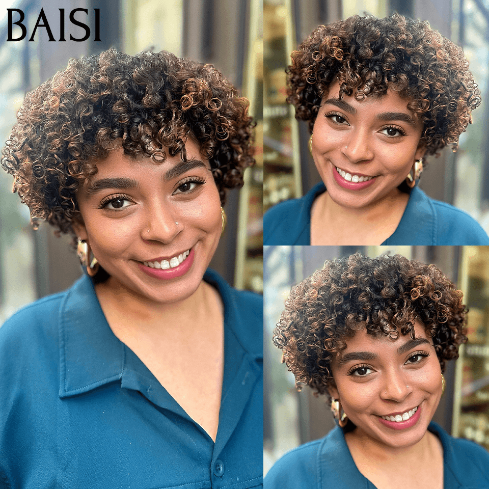 BAISI Compre 2 perucas no mínimo ao preço de fábrica, peruca fabricada à máquina pixie lisa ou peruca curly wave mista, 100% cabelo humano, fabricada à máquina (não precisa de código)