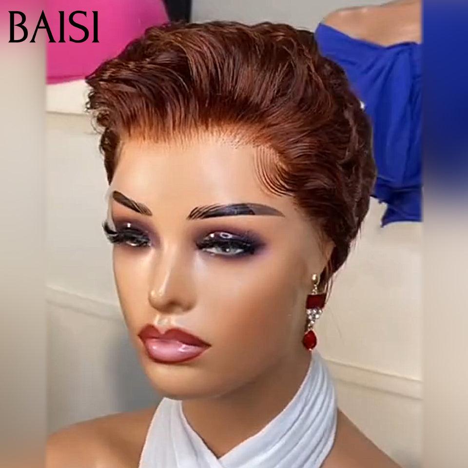 BAISI 13X4 Lace Frontal Peruca Pixie Castanha 4# 68€ e Peruca Pixie Finger Wave corte curto feito à máquina 49€ em 100% cabelo humano