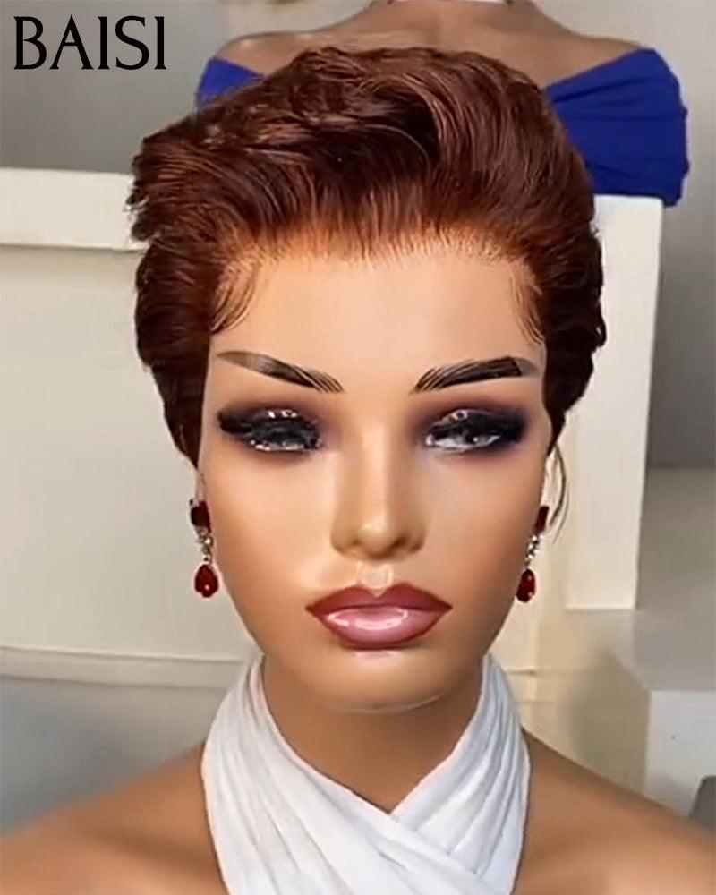 BAISI 13X4 Lace Frontal Peruca Pixie Castanha 4# 68€ e Peruca Pixie Finger Wave corte curto feito à máquina 49€ em 100% cabelo humano