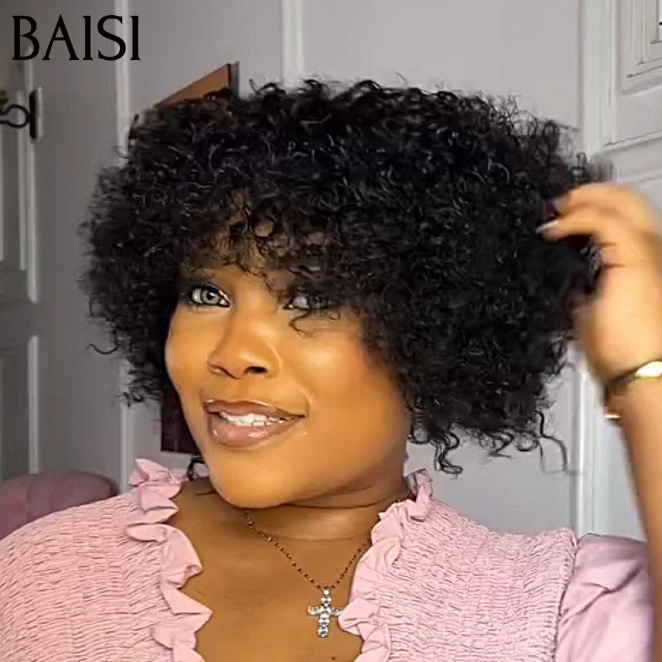 BAISI Preço 68€ Peruca Pixie Afro Cacheada Bouclé Preta sem cola 100% Cabelo Humano Fabricado à Máquina BS65