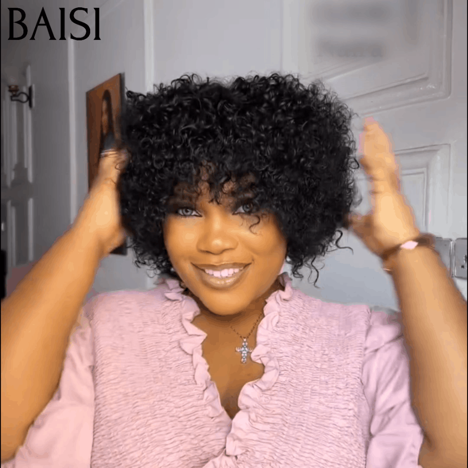 BAISI Preço 68€ Peruca Pixie Afro Cacheada Bouclé Preta sem cola 100% Cabelo Humano Fabricado à Máquina BS65