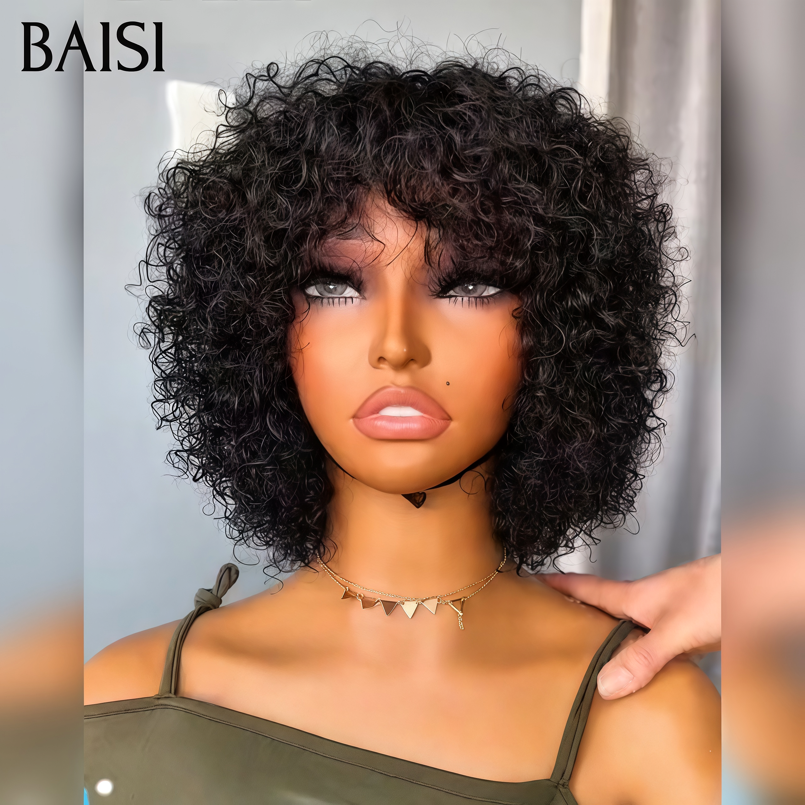 BAISI Perruque en France pixie curly avec Frange sans lace Fabriqué à la Machine Promotion 45€ en 100% Cheveux Humains