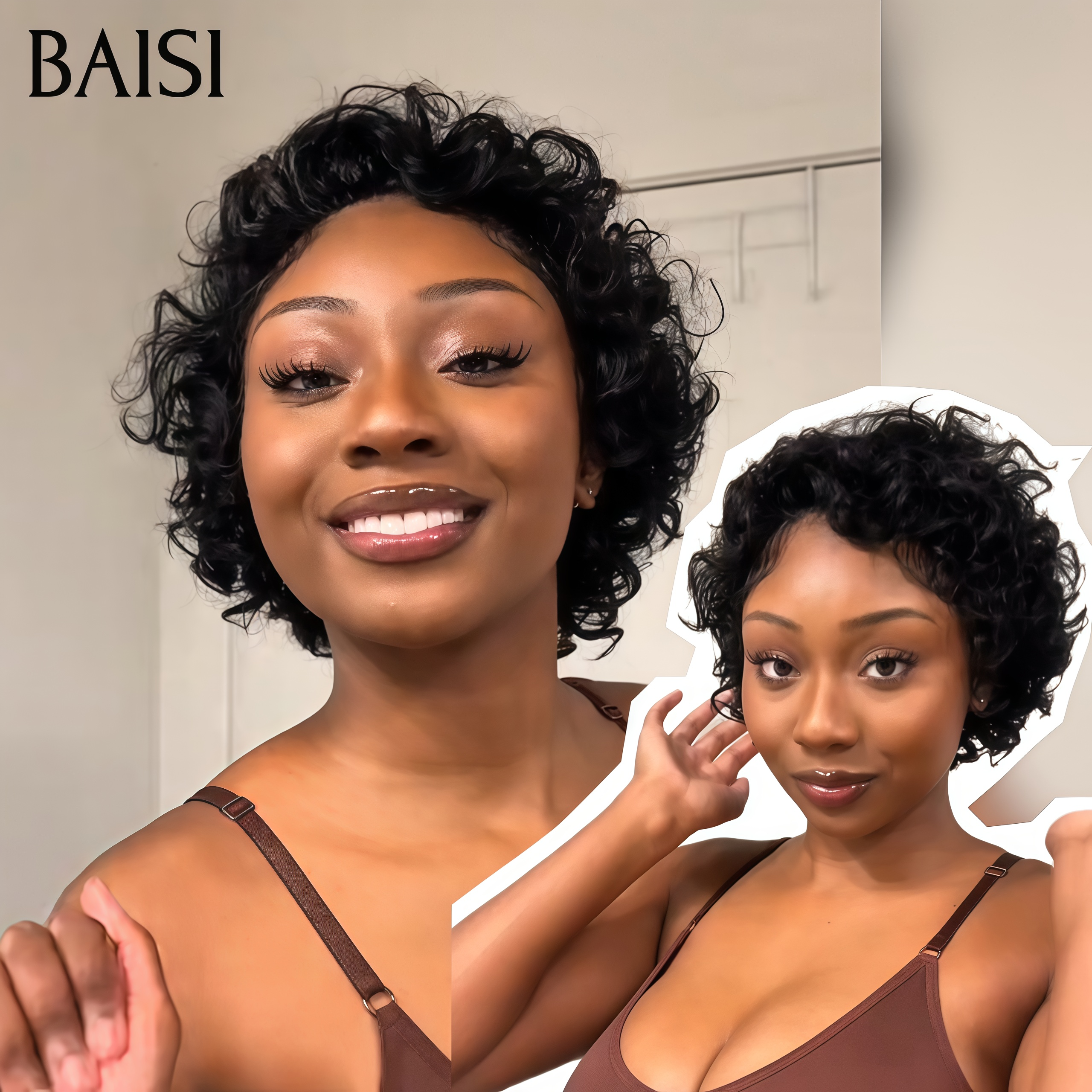 BAISI Perruque pixie Promotion 58€ en couleur NOIR 13x4 lace frontal curly wave en 100% Cheveux Humains