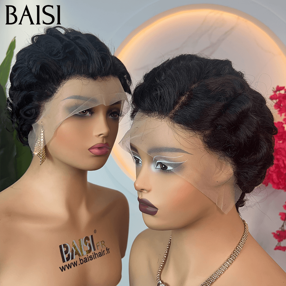BAISI Achetez 2 perruques minimum au prix d'usine fournisseur  Perruque noir pixie 13X4 lace finger wave NOIR 100% Cheveux Humains   ( pas besoin de code)