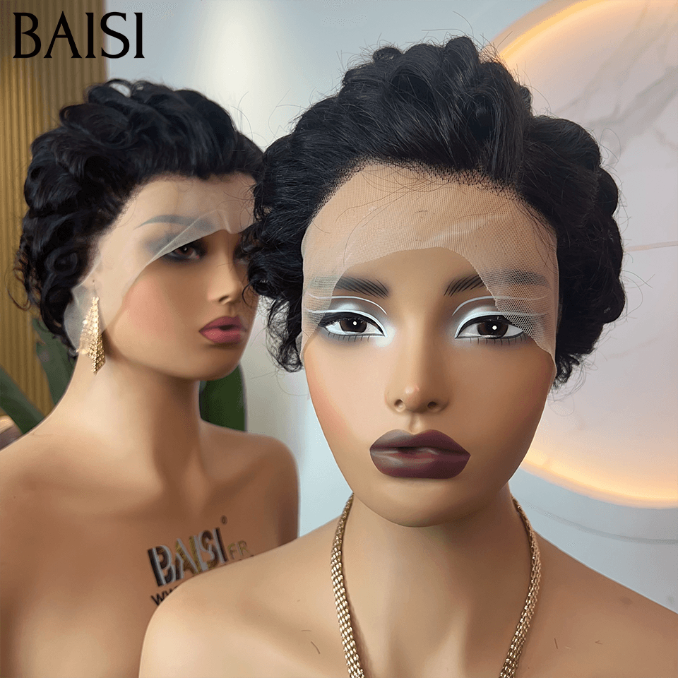 BAISI Achetez 2 perruques minimum au prix d'usine fournisseur  Perruque noir pixie 13X4 lace finger wave NOIR 100% Cheveux Humains   ( pas besoin de code)