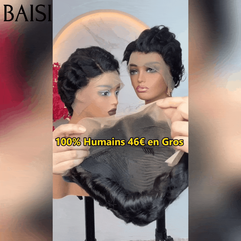 BAISI Achetez 2 perruques minimum au prix d'usine fournisseur  Perruque noir pixie 13X4 lace finger wave NOIR 100% Cheveux Humains   ( pas besoin de code)