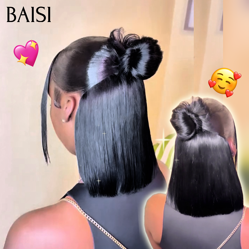 BAISI Moitié Prix Perruques Coiffure Chignon queue de cheval avec 13x4 Lace Frontale 10 Pouce en Noir 100% Vietnam Hair  en 100% cheveux humains