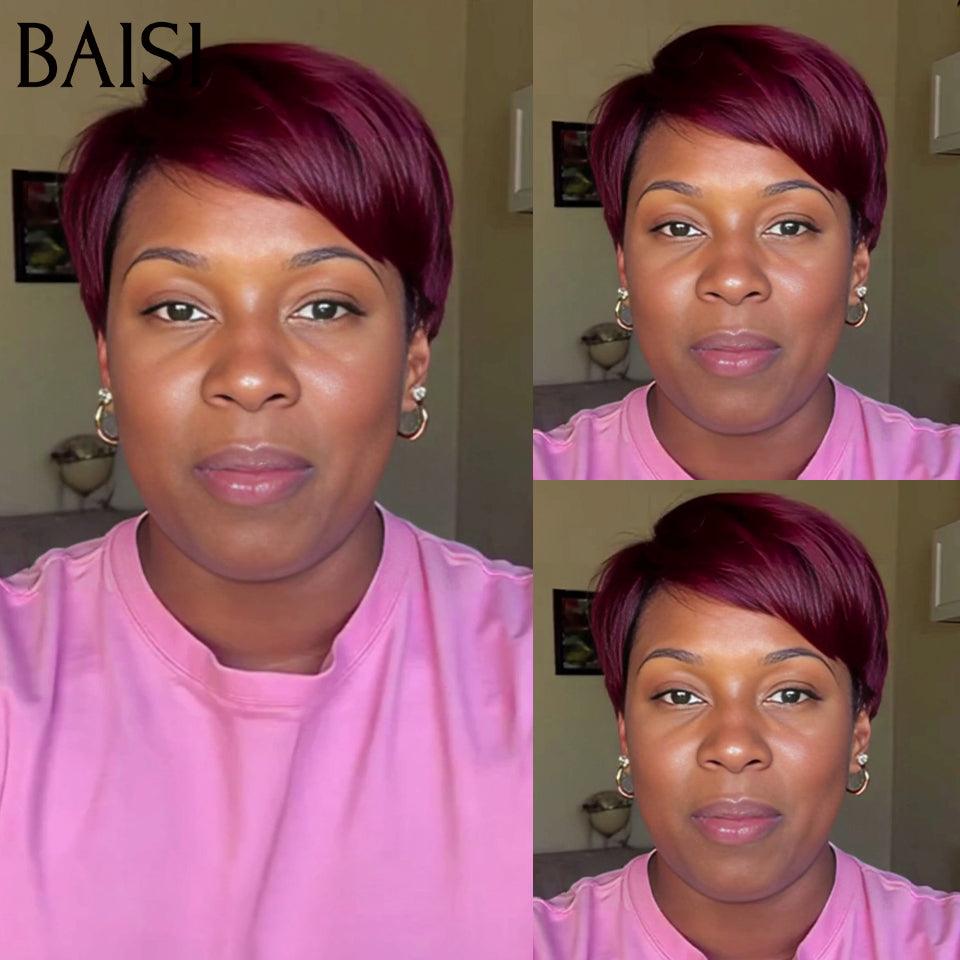 BAISI Prix sans lace 63€ pixie afro curl ou 65€ Perruque Pixie Lisse en couleur 99J#  sans colle 100% Cheveux Humains Fabriqué à la Machine F-026 BS65