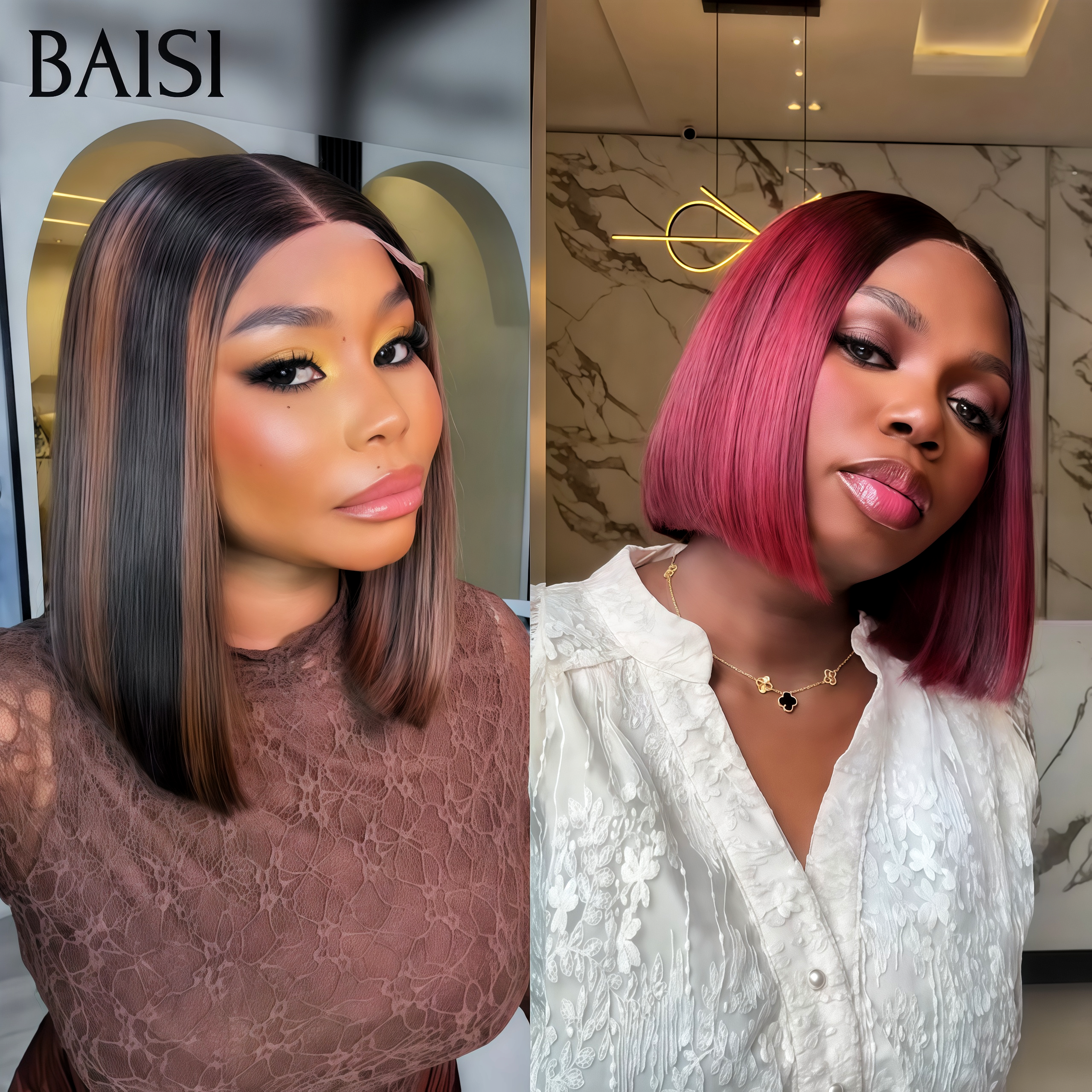 BAISI lace closure Perruques Lisse BOB DE luxe plus  Accessoirs en 2 couleurs Bordeaux ou Marron PROMO Offre spéciale en 100% vrais cheveux humains