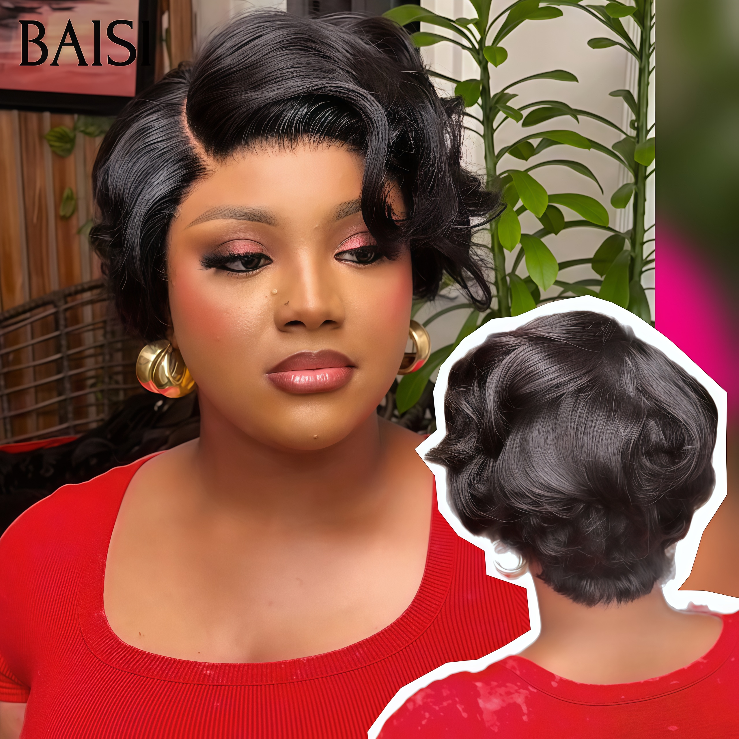 BAISI Perruque pixie avec 13x4 lace frontal  Promotion 68€ en couleur NOIR en France en 100% Cheveux Humains