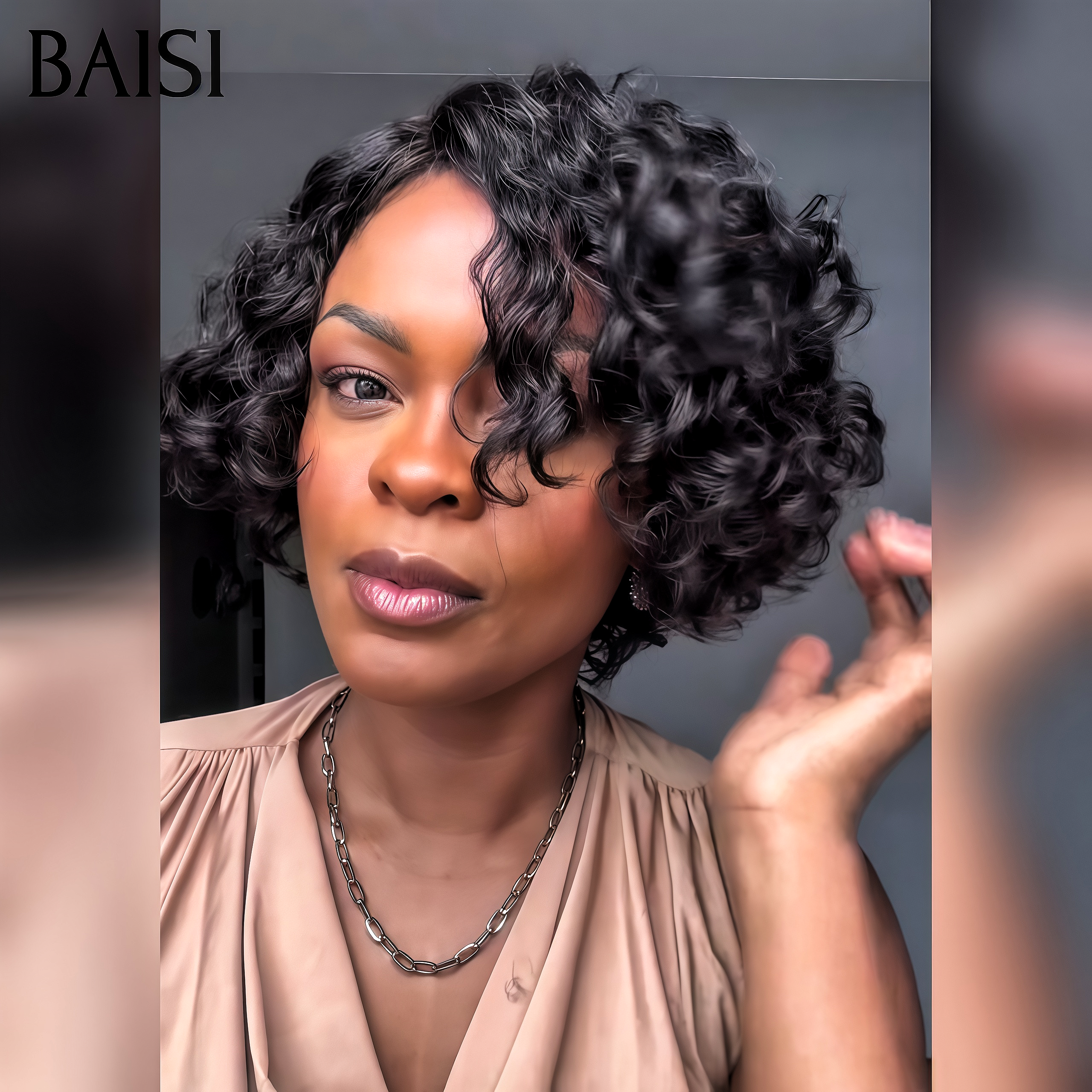 BAISI Perruque curly wave 10 Pouces BOB sans lace Fabriqué à la Machine Promotion 69€ NOIR en 100% Cheveux Humains
