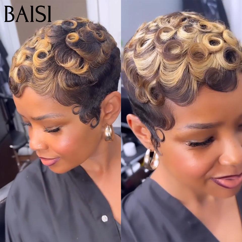 BAISI  Perruque Pixie Finger Wave petite coupe fabriqué à la machine 48€ en couleur marron mixte miel En 100% Cheveux Humains FR38