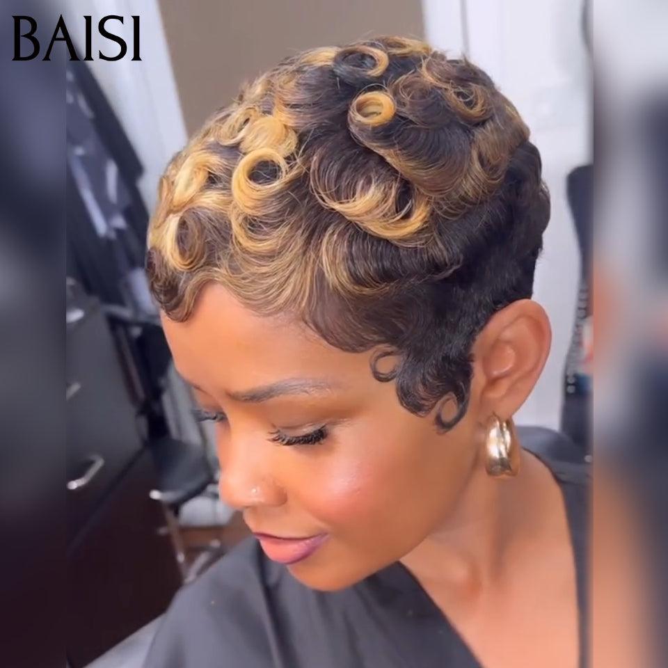 BAISI  Perruque Pixie Finger Wave petite coupe fabriqué à la machine 48€ en couleur marron mixte miel En 100% Cheveux Humains FR38