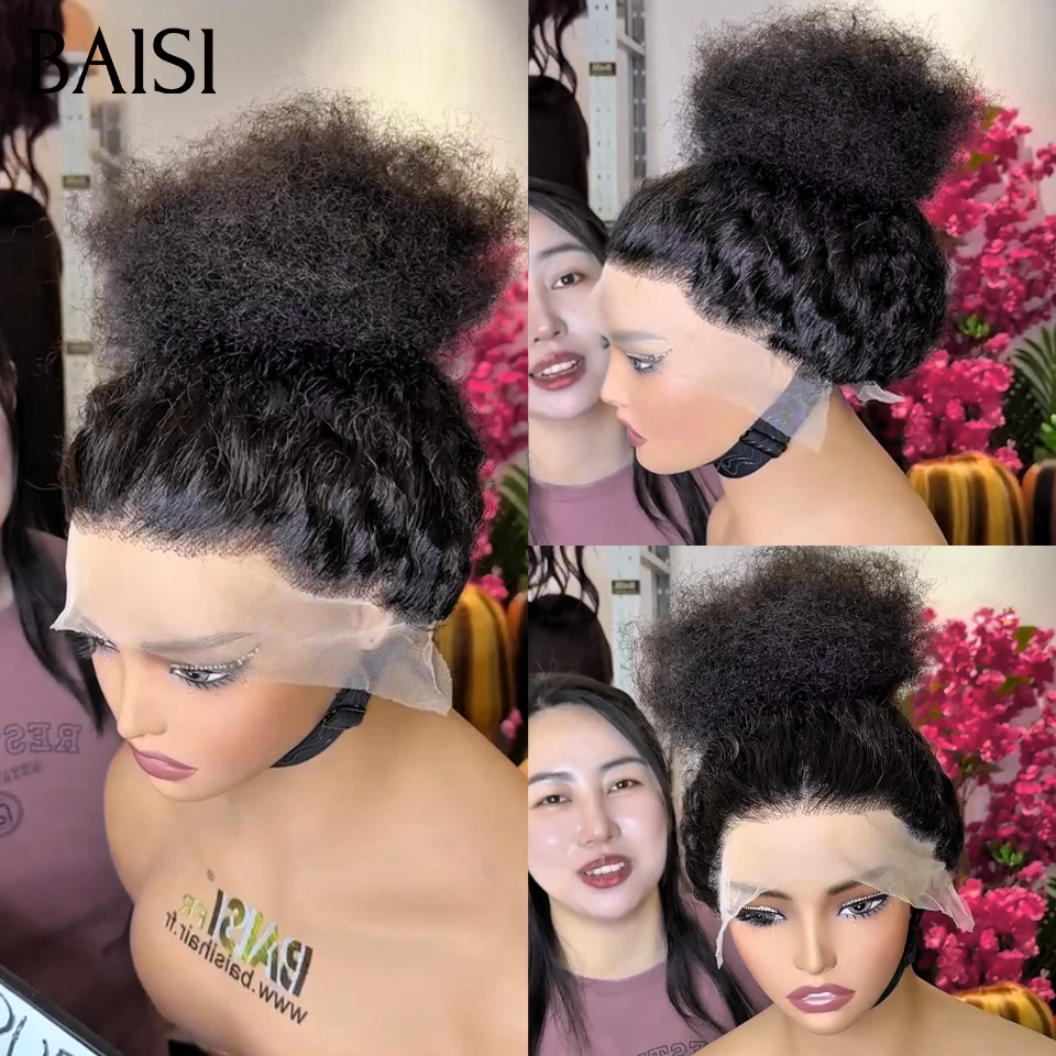BAISI Perruques Coiffure en chignon bun avec 13x4 Lace Frontale 18 Pouce Noir 99€ kinky straight en 100% cheveux humains